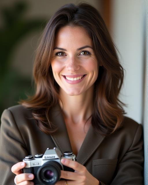 Professional headshot of Jane Doe, founder of Lumina Lensworks, holding a camera.