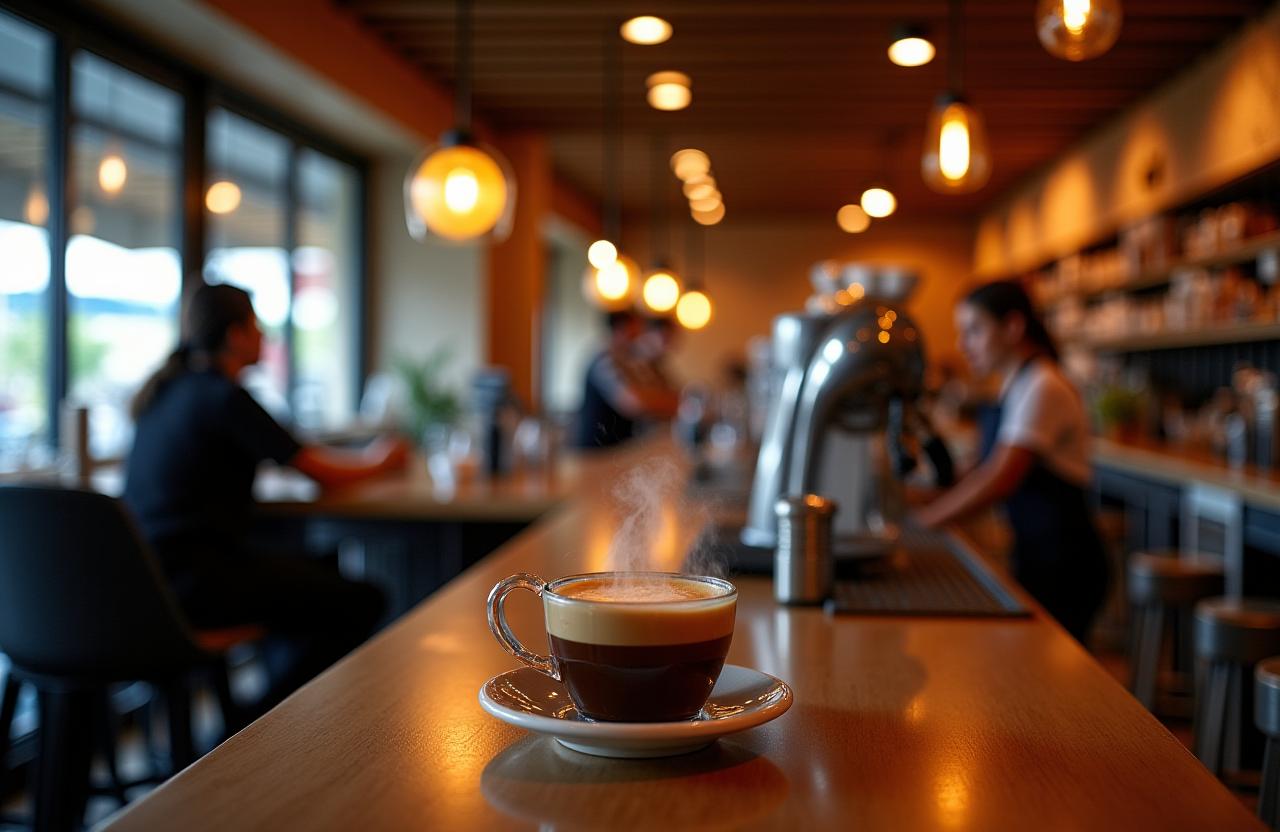 Interior shot of a stylish cafe, focusing on the warm ambiance and artisanal coffee.