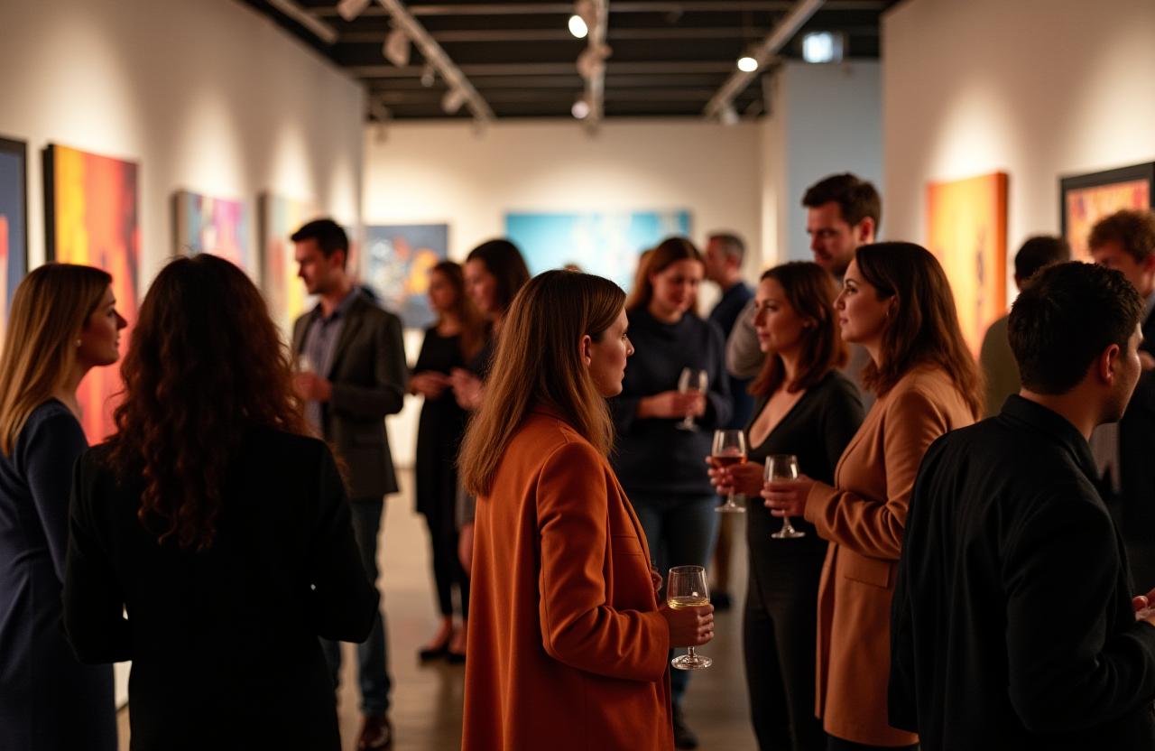 Candid shot of guests mingling at a vibrant art gallery opening.