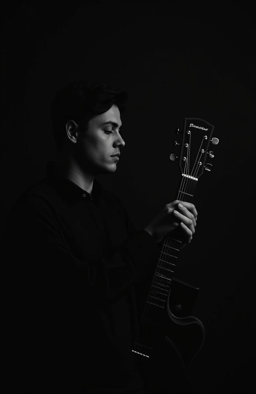 A black and white portrait of a musician holding a guitar in a dimly lit room.