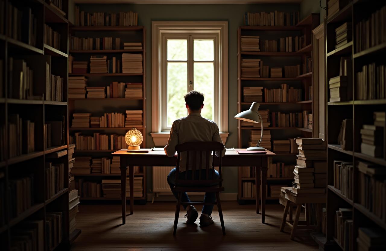A writer sitting at a desk surrounded by books, illuminated by a single window.