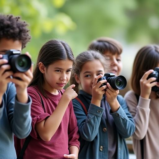A group of students learning with their cameras during a workshop.