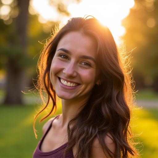 A candid lifestyle portrait of a person smiling in a sunlit park.